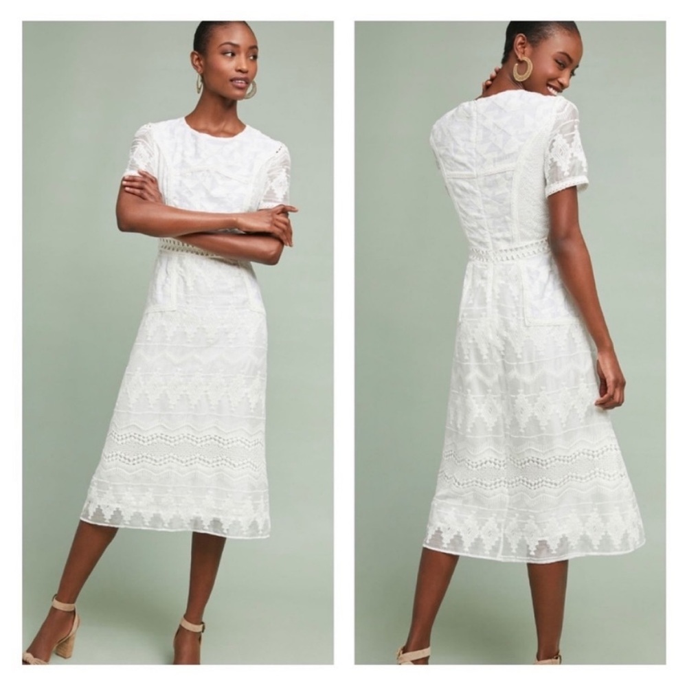 Eri + Ali Anthropologie NWOT White Lace Swann Midi Dress